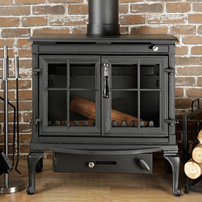 Vintage - Style Black Cast Iron Wood - Burning Stove With Glass Door
